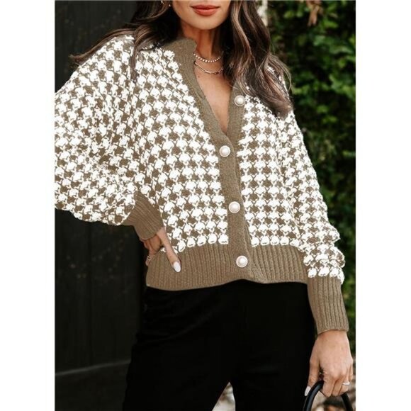 Beige Houndstooth Print Chunky Knit Button Down Long Sleeve Cardigan Sweater Top - Picture 1 of 5